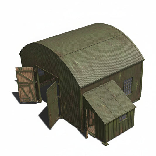Green model corrugated shed with open doors and lean-to office